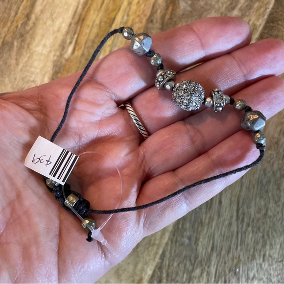 Adjustable Black String Bracelet Rhinestone Pearl Silver Tone Beads LARGE Wrist - Picture 4 of 14